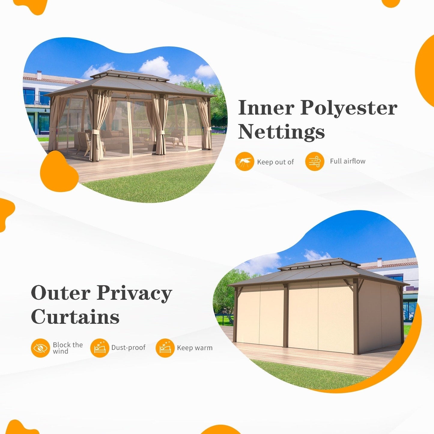 Gazebo rigido EROMMY, pergolato per esterni con doppio tetto, rete e tende, tettoia resistente per patio, cortile, feste in piscina