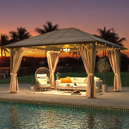 Gazebo rigido EROMMY, pergolato per esterni con doppio tetto, rete e tende, tettoia resistente per patio, cortile, feste in piscina