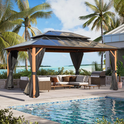 Gazebo rigido EROMMY, pergolato per esterni con doppio tetto, rete e tende, tettoia resistente per patio, cortile, feste in piscina