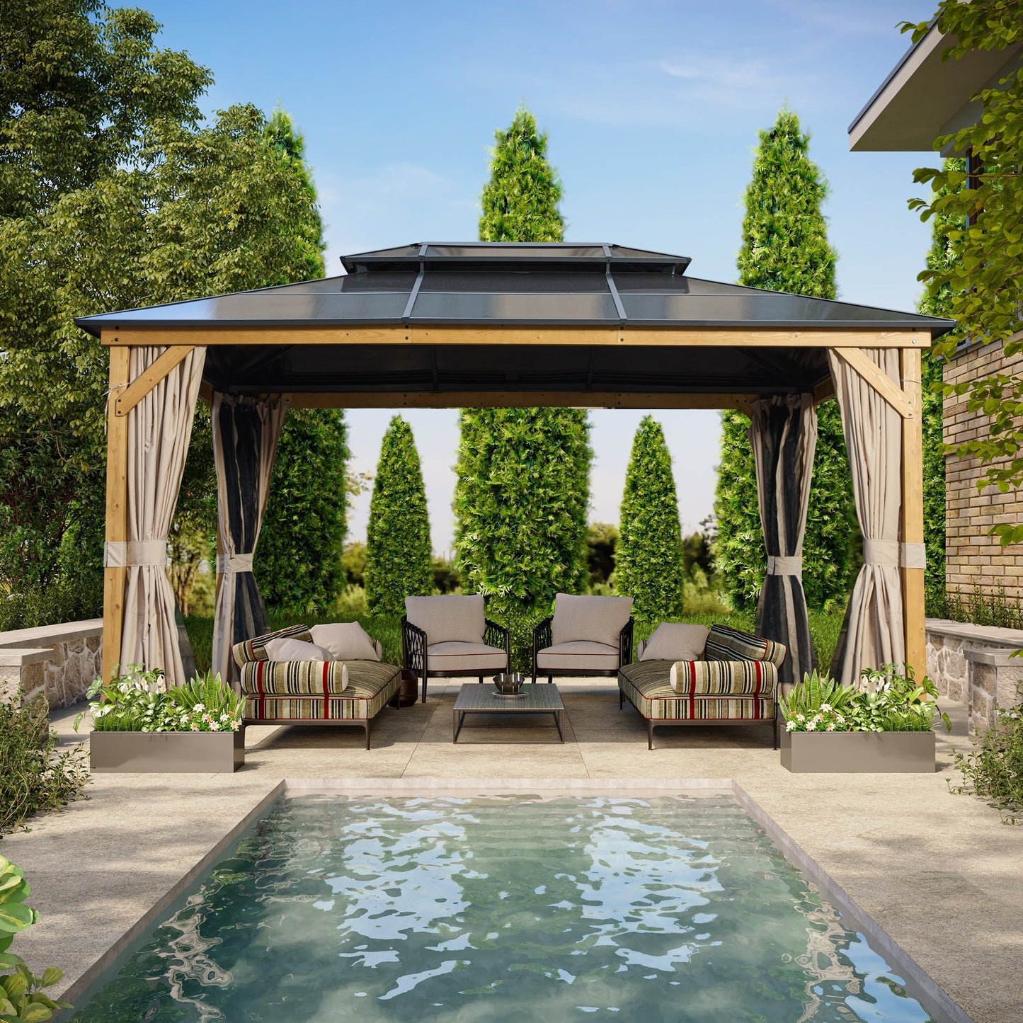 Gazebo rigido EROMMY, pergolato per esterni con doppio tetto, rete e tende, tettoia resistente per patio, cortile, feste in piscina