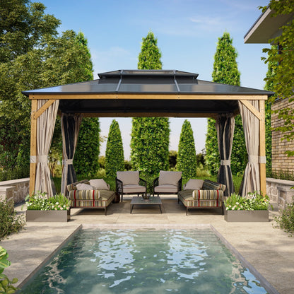 Gazebo rigido EROMMY, pergolato per esterni con doppio tetto, rete e tende, tettoia resistente per patio, cortile, feste in piscina