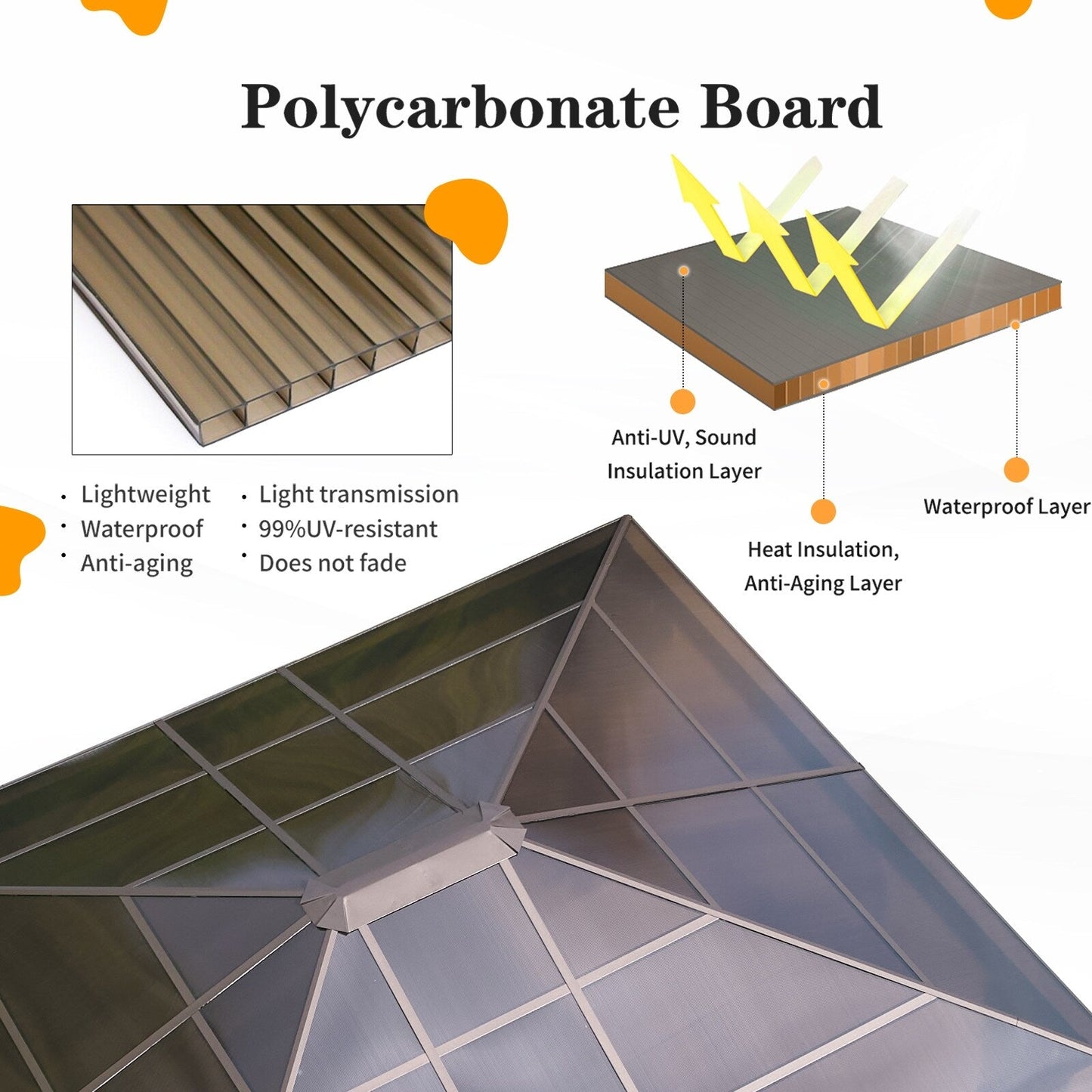 Gazebo rigido EROMMY, pergolato per esterni con doppio tetto, rete e tende, tettoia resistente per patio, cortile, feste in piscina