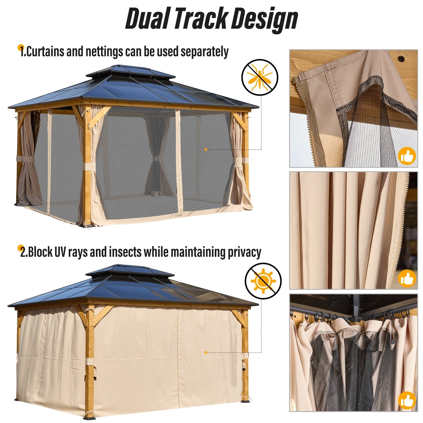 Gazebo rigido EROMMY, pergolato per esterni con doppio tetto, rete e tende, tettoia resistente per patio, cortile, feste in piscina