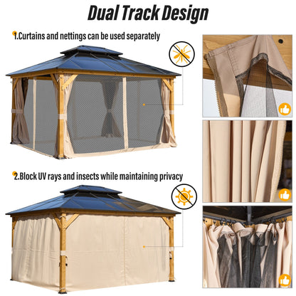 Gazebo rigido EROMMY, pergolato per esterni con doppio tetto, rete e tende, tettoia resistente per patio, cortile, feste in piscina