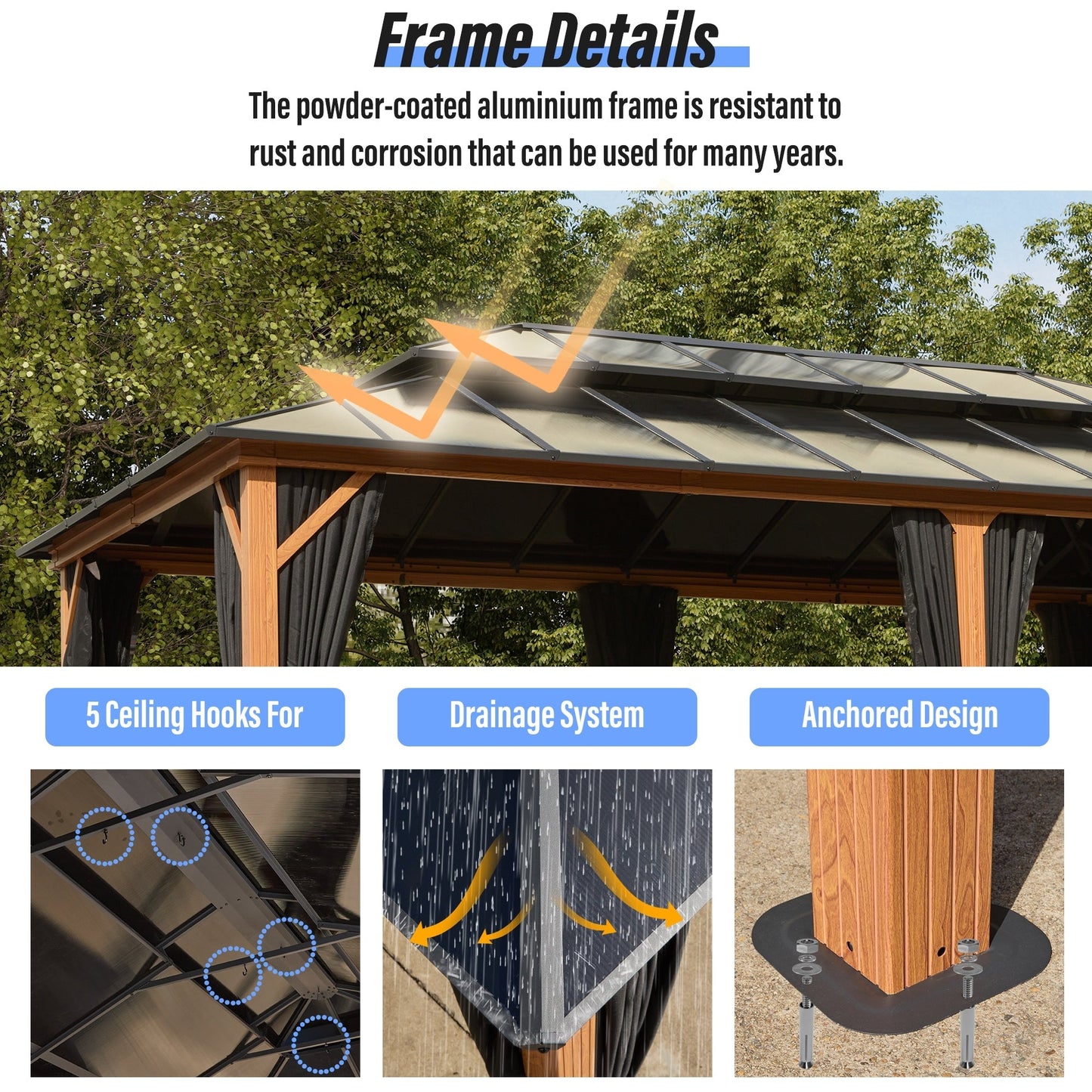 Gazebo rigido EROMMY, pergolato per esterni con doppio tetto, rete e tende, tettoia resistente per patio, cortile, feste in piscina