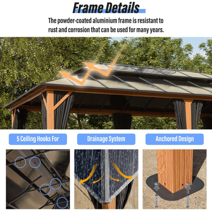 Gazebo rigido EROMMY, pergolato per esterni con doppio tetto, rete e tende, tettoia resistente per patio, cortile, feste in piscina