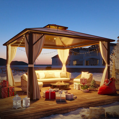 Gazebo rigido EROMMY, pergolato per esterni con doppio tetto, rete e tende, tettoia resistente per patio, cortile, feste in piscina