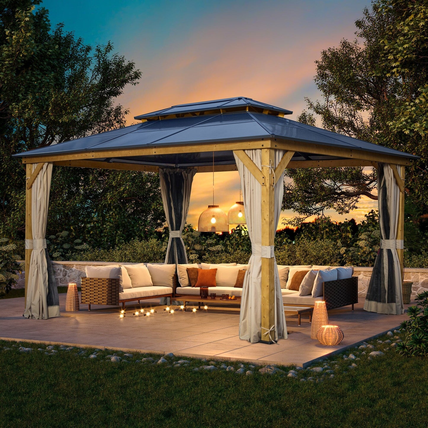 Gazebo rigido EROMMY, pergolato per esterni con doppio tetto, rete e tende, tettoia resistente per patio, cortile, feste in piscina