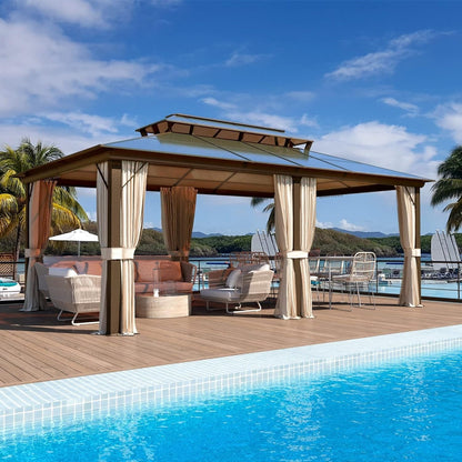 Gazebo rigido EROMMY, pergolato per esterni con doppio tetto, rete e tende, tettoia resistente per patio, cortile, feste in piscina