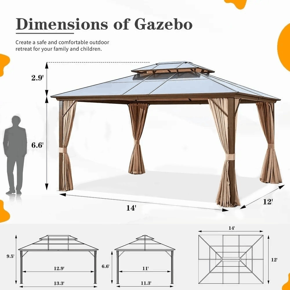 Gazebo rigido EROMMY, pergolato per esterni con doppio tetto, rete e tende, tettoia resistente per patio, cortile, feste in piscina