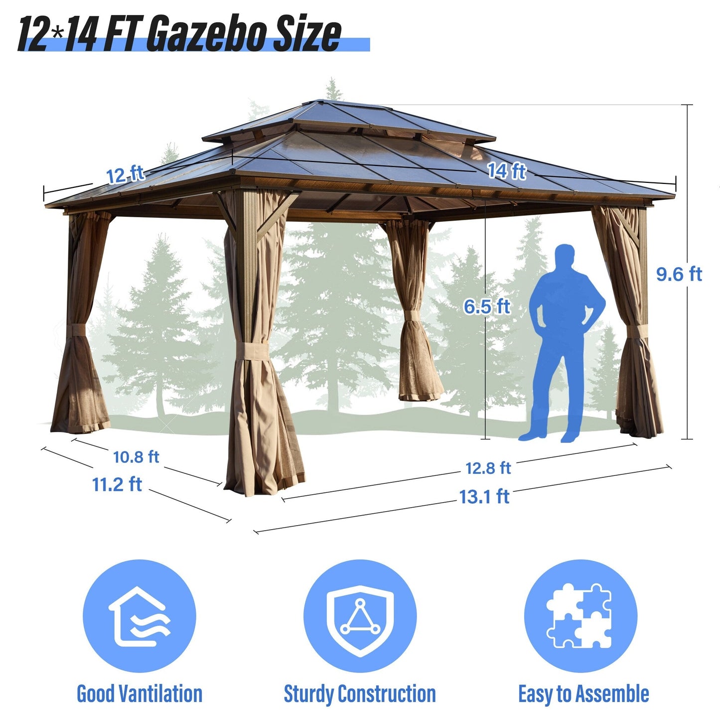 Gazebo rigido EROMMY, pergolato per esterni con doppio tetto, rete e tende, tettoia resistente per patio, cortile, feste in piscina