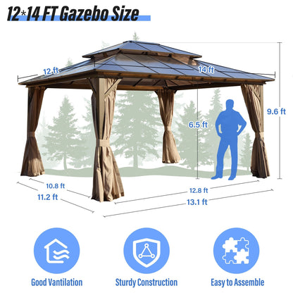 Gazebo rigido EROMMY, pergolato per esterni con doppio tetto, rete e tende, tettoia resistente per patio, cortile, feste in piscina