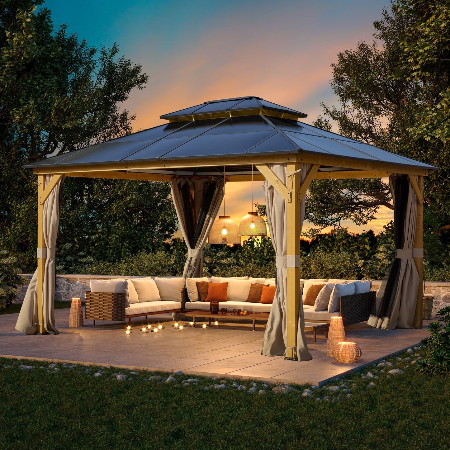 Gazebo rigido EROMMY, pergolato per esterni con doppio tetto, rete e tende, tettoia resistente per patio, cortile, feste in piscina