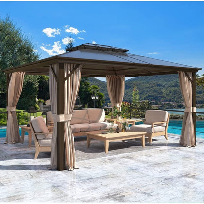 Gazebo rigido EROMMY, pergolato per esterni con doppio tetto, rete e tende, tettoia resistente per patio, cortile, feste in piscina
