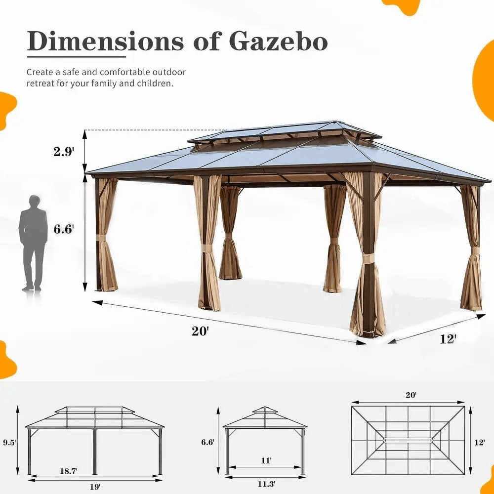Gazebo rigido EROMMY, pergolato per esterni con doppio tetto, rete e tende, tettoia resistente per patio, cortile, feste in piscina