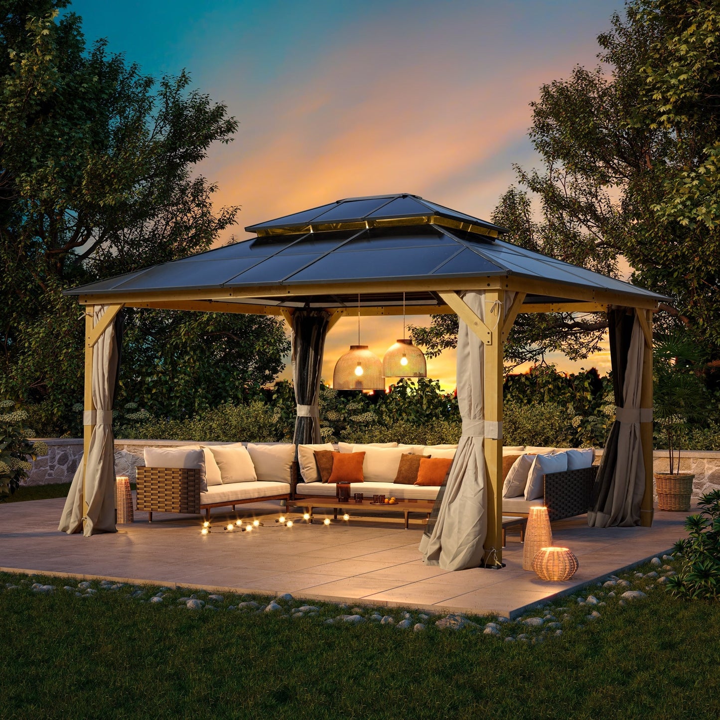 Gazebo rigido EROMMY, pergolato per esterni con doppio tetto, rete e tende, tettoia resistente per patio, cortile, feste in piscina