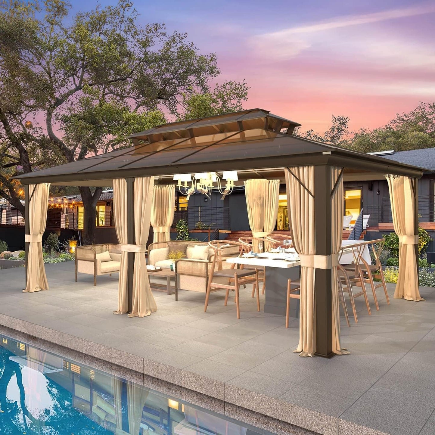 Gazebo rigido EROMMY, pergolato per esterni con doppio tetto, rete e tende, tettoia resistente per patio, cortile, feste in piscina