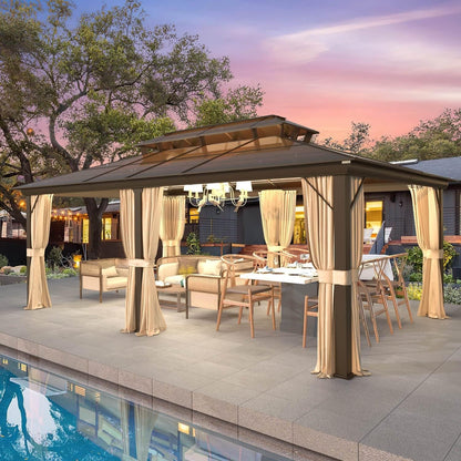 Gazebo rigido EROMMY, pergolato per esterni con doppio tetto, rete e tende, tettoia resistente per patio, cortile, feste in piscina