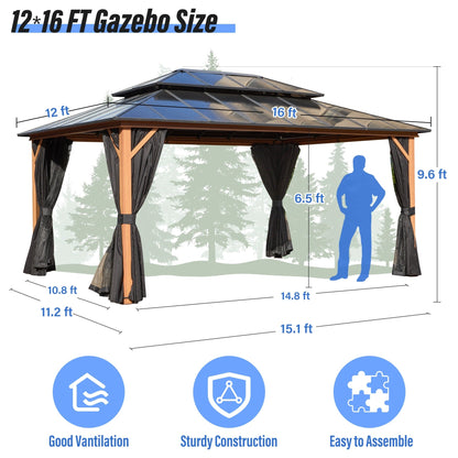 Gazebo rigido EROMMY, pergolato per esterni con doppio tetto, rete e tende, tettoia resistente per patio, cortile, feste in piscina