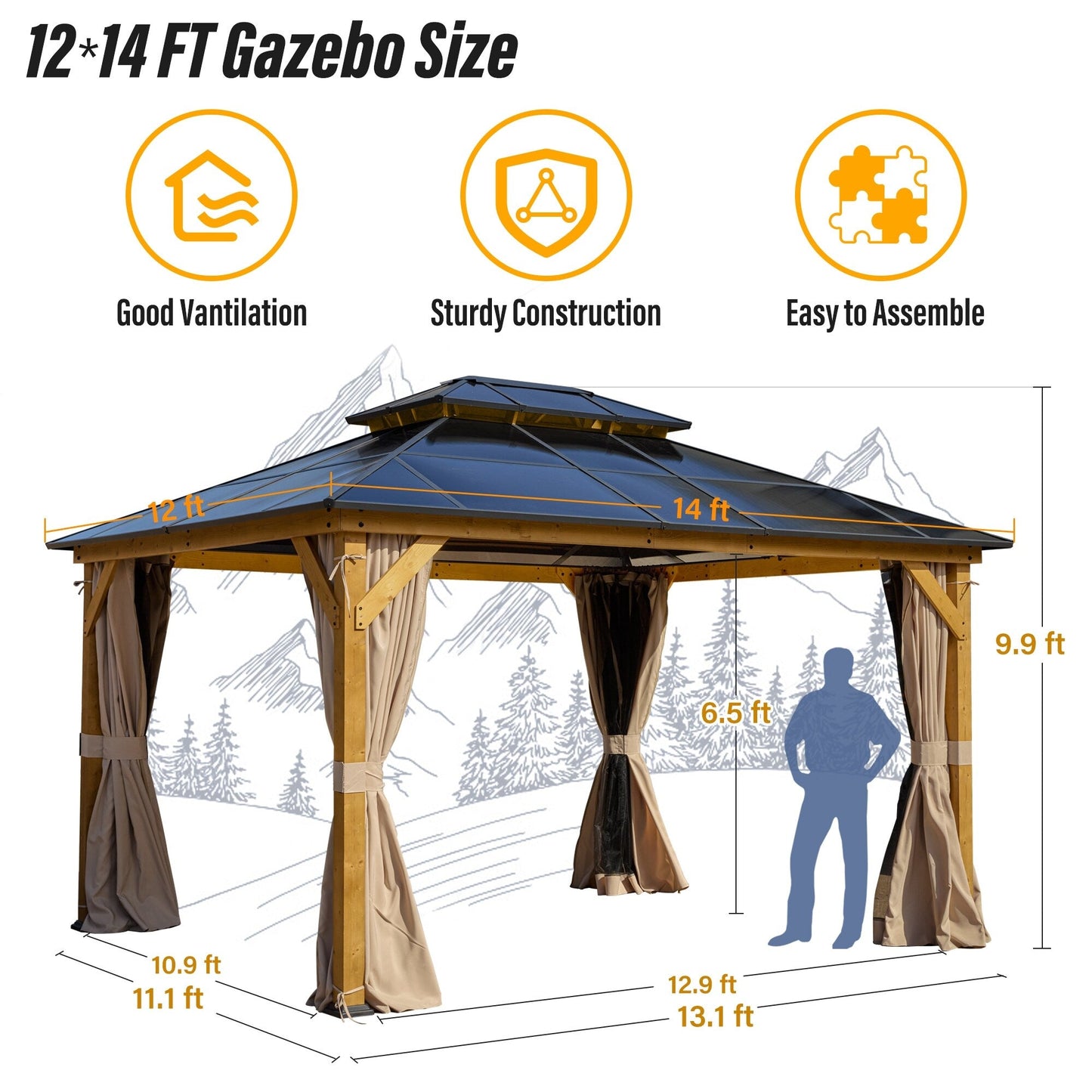 Gazebo rigido EROMMY, pergolato per esterni con doppio tetto, rete e tende, tettoia resistente per patio, cortile, feste in piscina