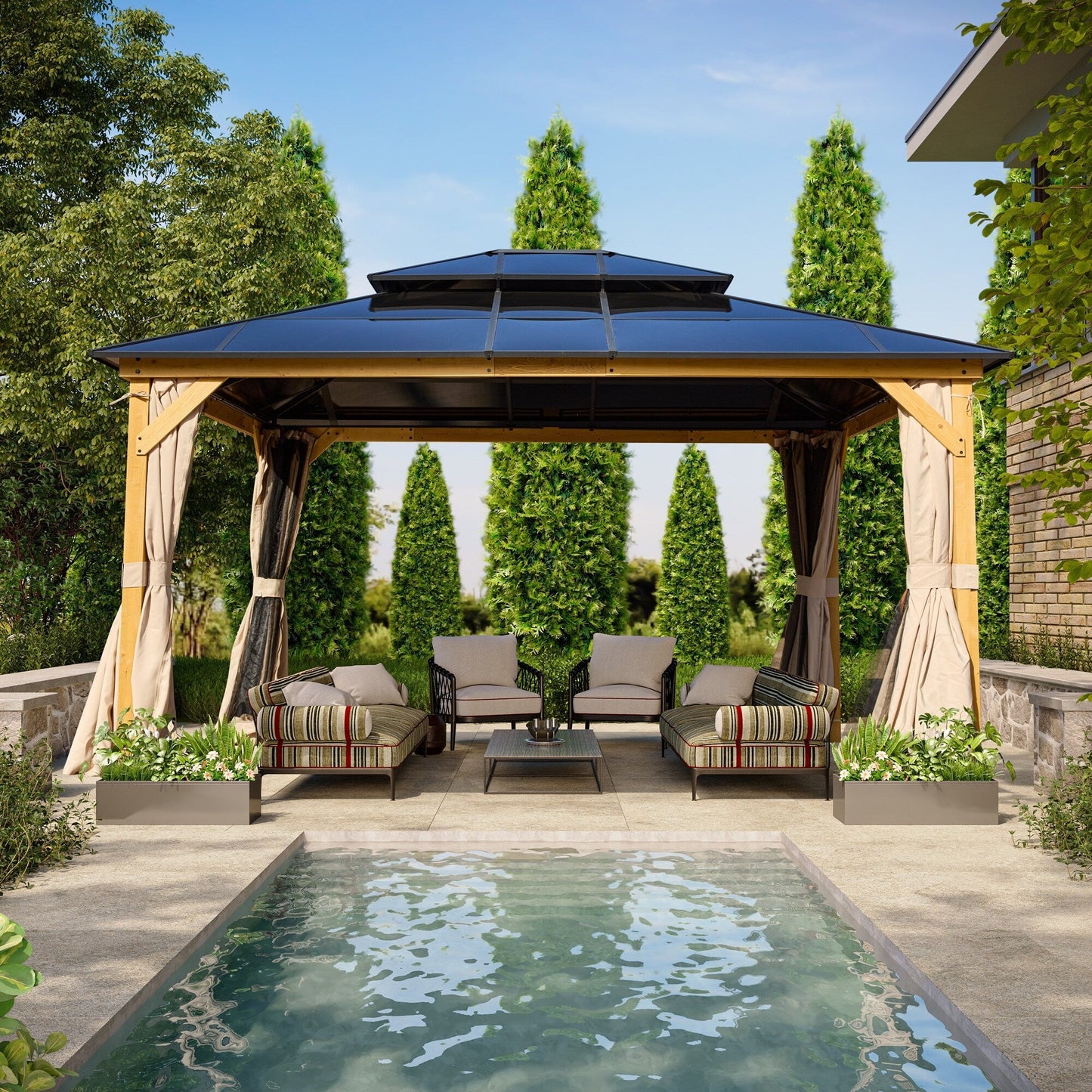 Gazebo rigido EROMMY, pergolato per esterni con doppio tetto, rete e tende, tettoia resistente per patio, cortile, feste in piscina