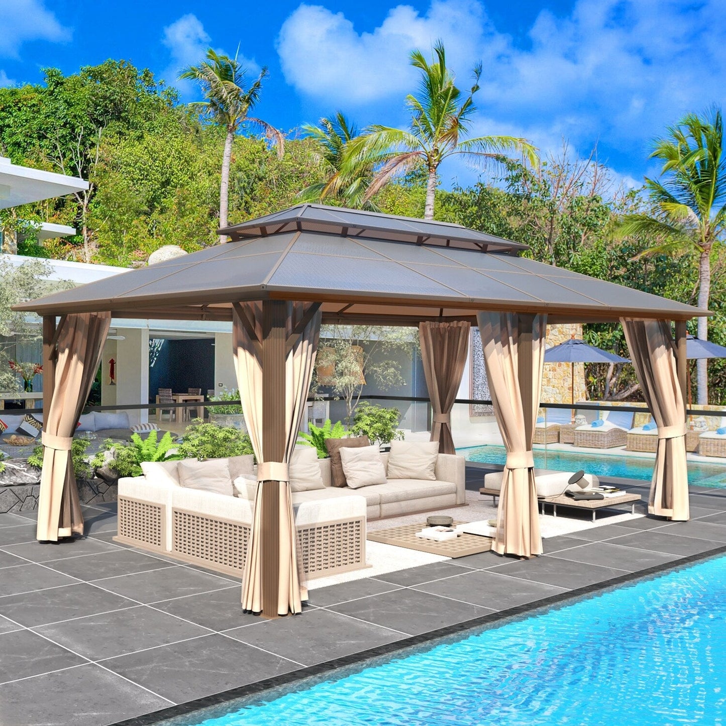 Gazebo rigido EROMMY, pergolato per esterni con doppio tetto, rete e tende, tettoia resistente per patio, cortile, feste in piscina