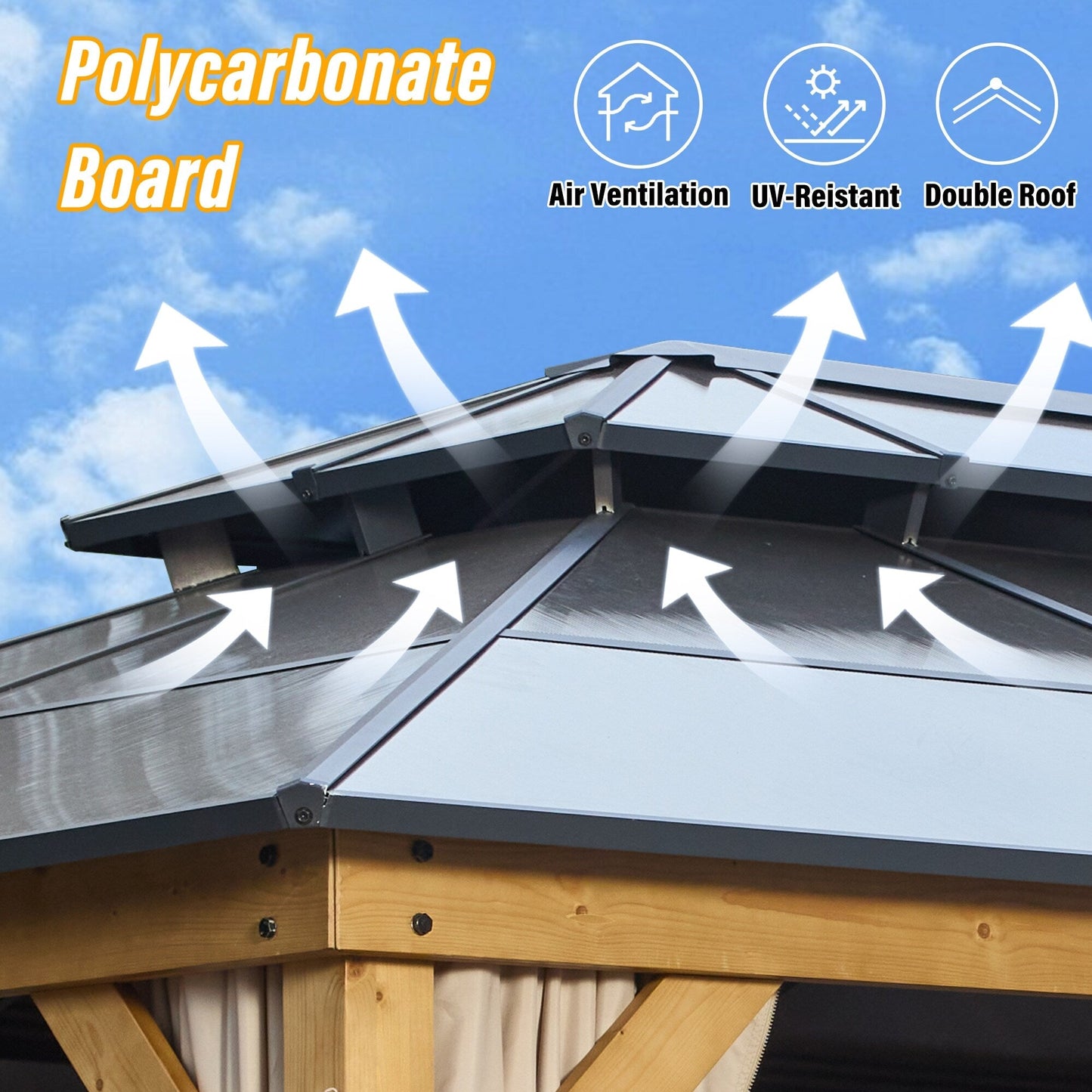 Gazebo rigido EROMMY, pergolato per esterni con doppio tetto, rete e tende, tettoia resistente per patio, cortile, feste in piscina