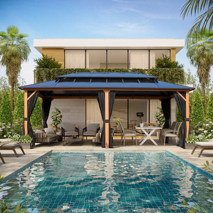 Gazebo rigido EROMMY, pergolato per esterni con doppio tetto, rete e tende, tettoia resistente per patio, cortile, feste in piscina