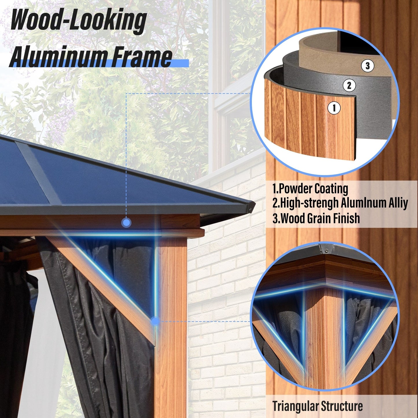 Gazebo rigido EROMMY, pergolato per esterni con doppio tetto, rete e tende, tettoia resistente per patio, cortile, feste in piscina