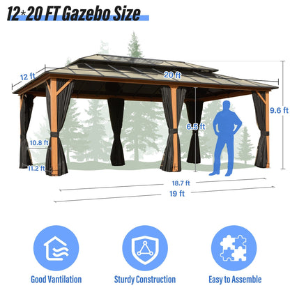 Gazebo rigido EROMMY, pergolato per esterni con doppio tetto, rete e tende, tettoia resistente per patio, cortile, feste in piscina