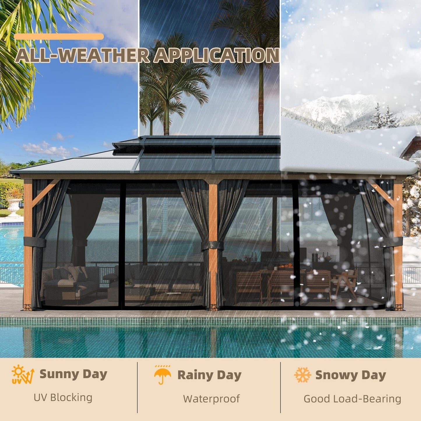 Gazebo rigido EROMMY, pergolato per esterni con doppio tetto, rete e tende, tettoia resistente per patio, cortile, feste in piscina