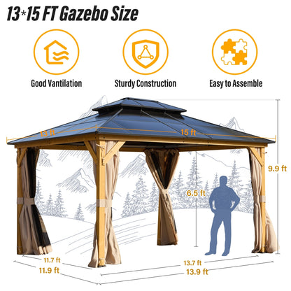 Gazebo rigido EROMMY, pergolato per esterni con doppio tetto, rete e tende, tettoia resistente per patio, cortile, feste in piscina