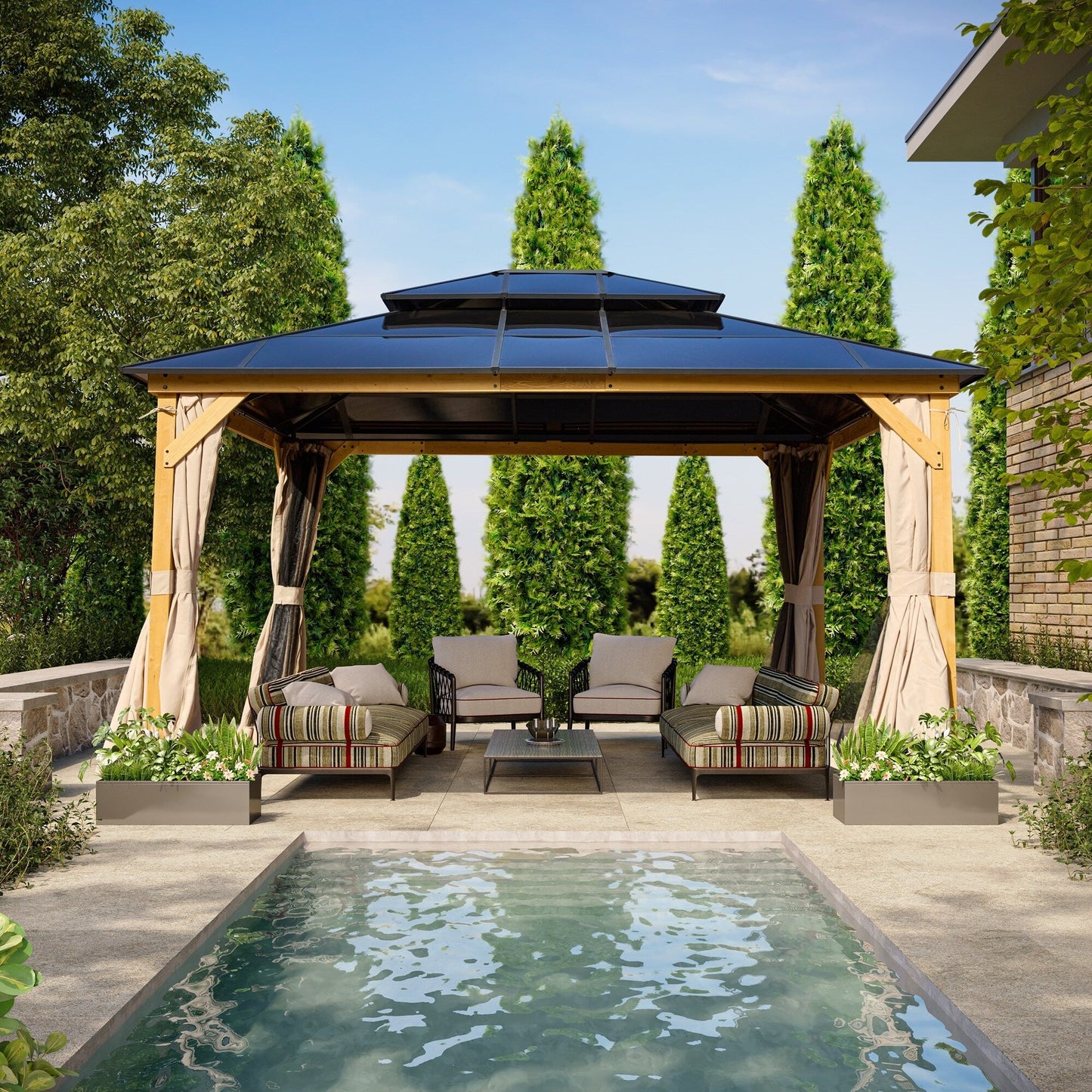 Gazebo rigido EROMMY, pergolato per esterni con doppio tetto, rete e tende, tettoia resistente per patio, cortile, feste in piscina