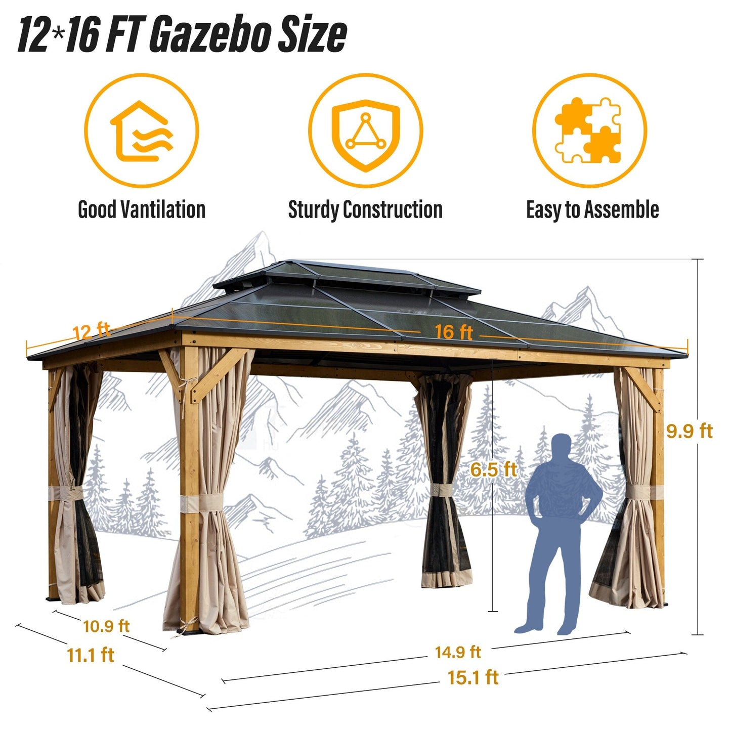 Gazebo rigido EROMMY, pergolato per esterni con doppio tetto, rete e tende, tettoia resistente per patio, cortile, feste in piscina