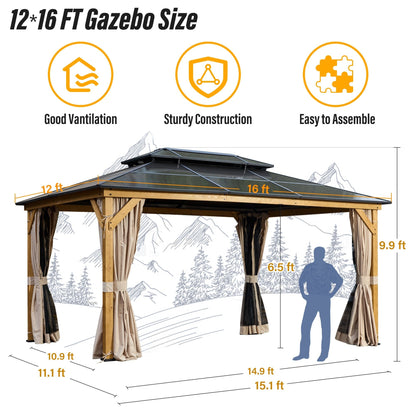 Gazebo rigido EROMMY, pergolato per esterni con doppio tetto, rete e tende, tettoia resistente per patio, cortile, feste in piscina