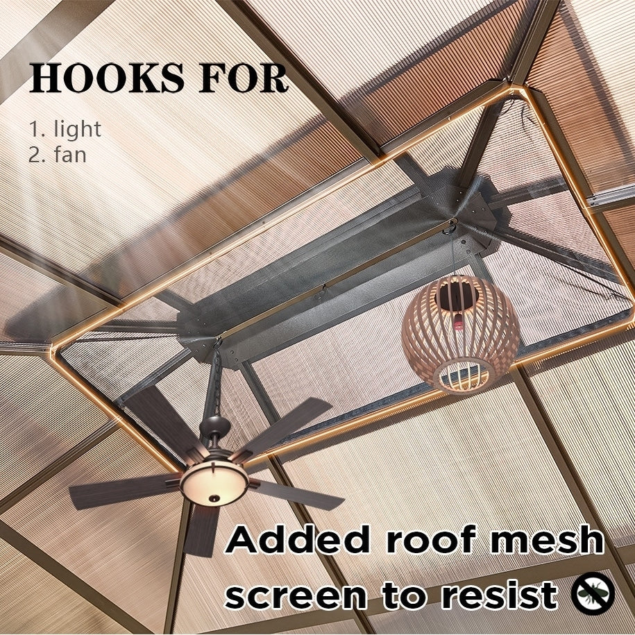 Gazebo rigido EROMMY, pergolato per esterni con doppio tetto, rete e tende, tettoia resistente per patio, cortile, feste in piscina