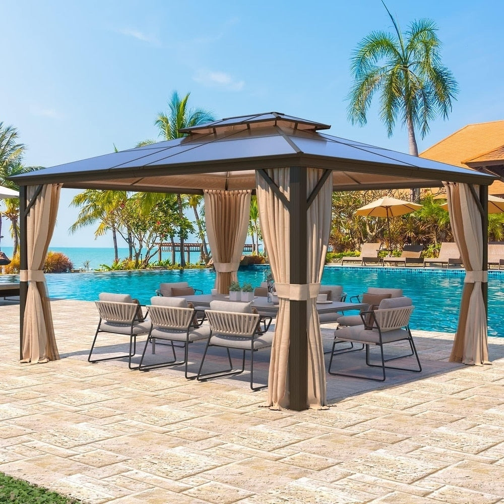 Gazebo rigido EROMMY, pergolato per esterni con doppio tetto, rete e tende, tettoia resistente per patio, cortile, feste in piscina