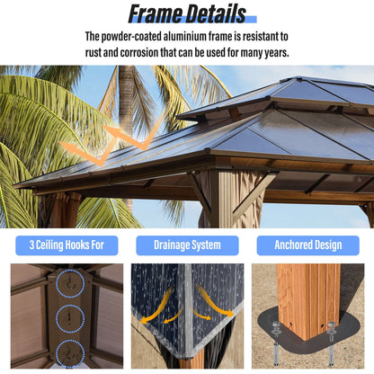 Gazebo rigido EROMMY, pergolato per esterni con doppio tetto, rete e tende, tettoia resistente per patio, cortile, feste in piscina