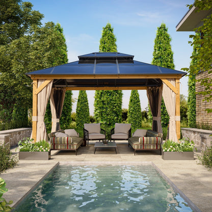 Gazebo rigido EROMMY, pergolato per esterni con doppio tetto, rete e tende, tettoia resistente per patio, cortile, feste in piscina