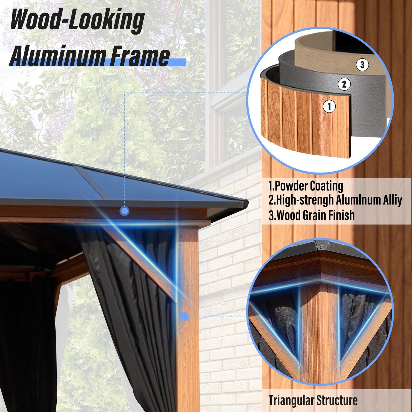 Gazebo rigido EROMMY, pergolato per esterni con doppio tetto, rete e tende, tettoia resistente per patio, cortile, feste in piscina