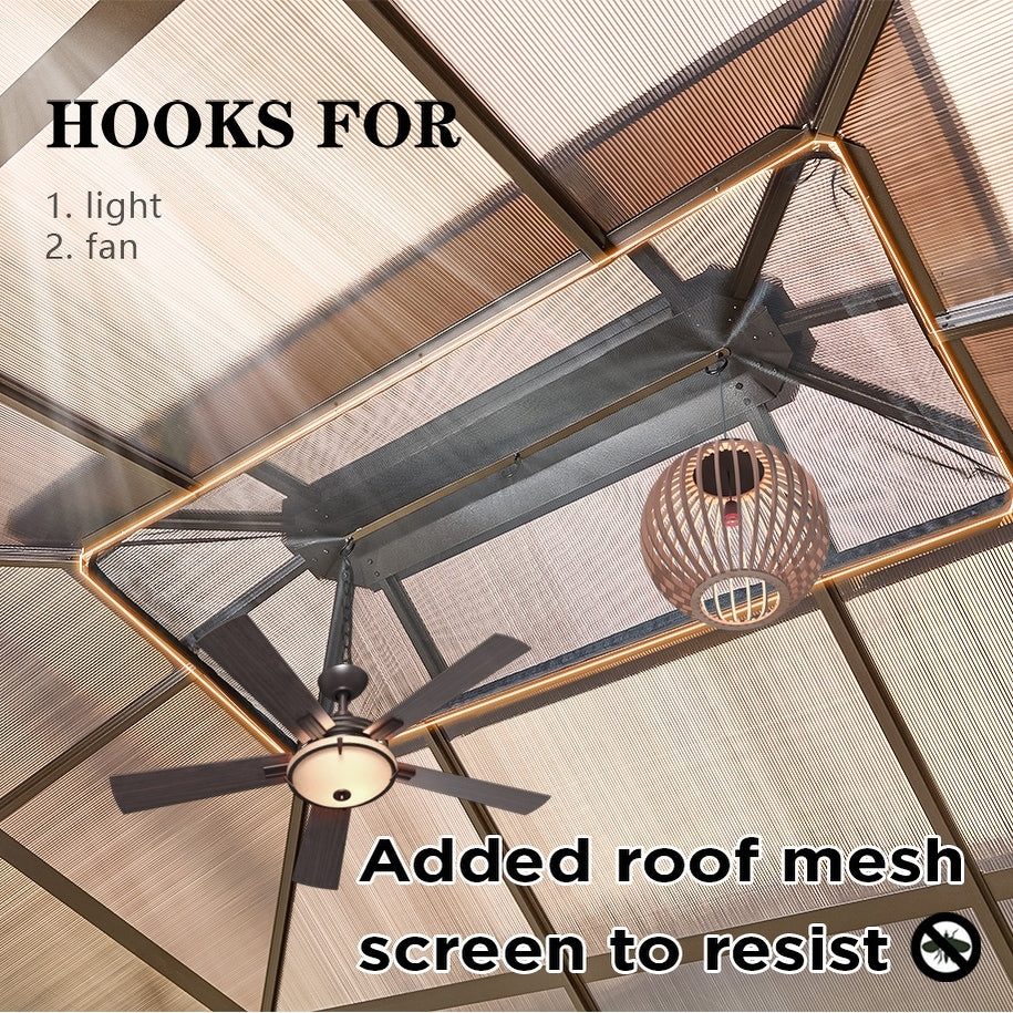 Gazebo rigido EROMMY, pergolato per esterni con doppio tetto, rete e tende, tettoia resistente per patio, cortile, feste in piscina