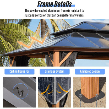 Gazebo rigido EROMMY, pergolato per esterni con doppio tetto, rete e tende, tettoia resistente per patio, cortile, feste in piscina