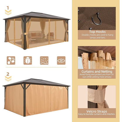Gazebo rigido EROMMY, pergolato per esterni con doppio tetto, rete e tende, tettoia resistente per patio, cortile, feste in piscina