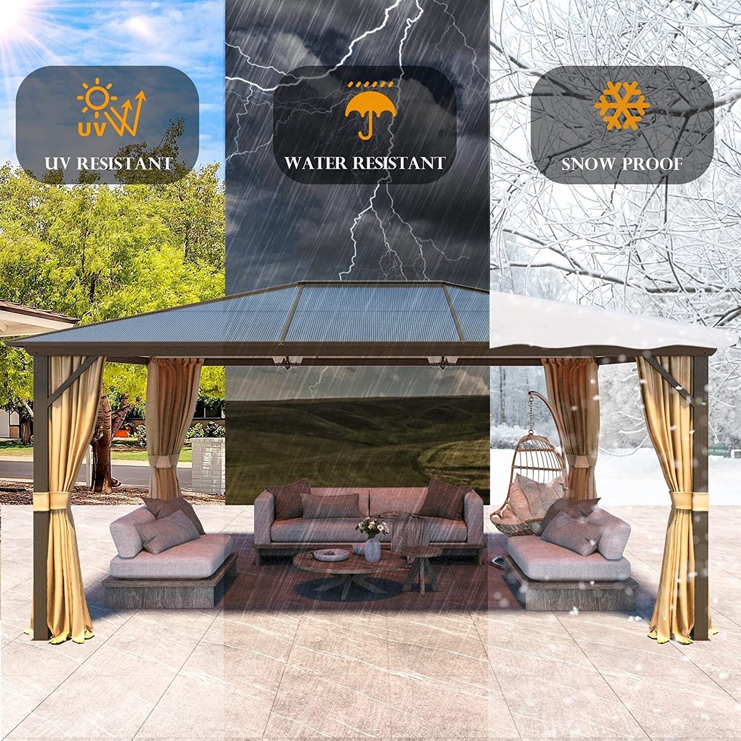 Gazebo rigido EROMMY, pergolato per esterni con doppio tetto, rete e tende, tettoia resistente per patio, cortile, feste in piscina