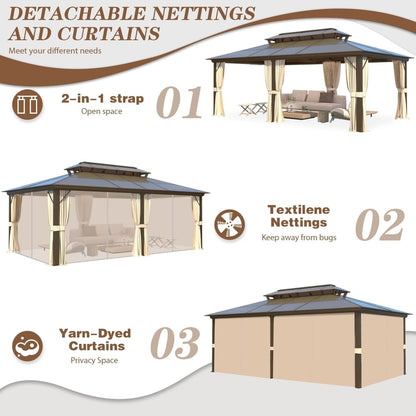 Gazebo rigido EROMMY, pergolato per esterni con doppio tetto, rete e tende, tettoia resistente per patio, cortile, feste in piscina