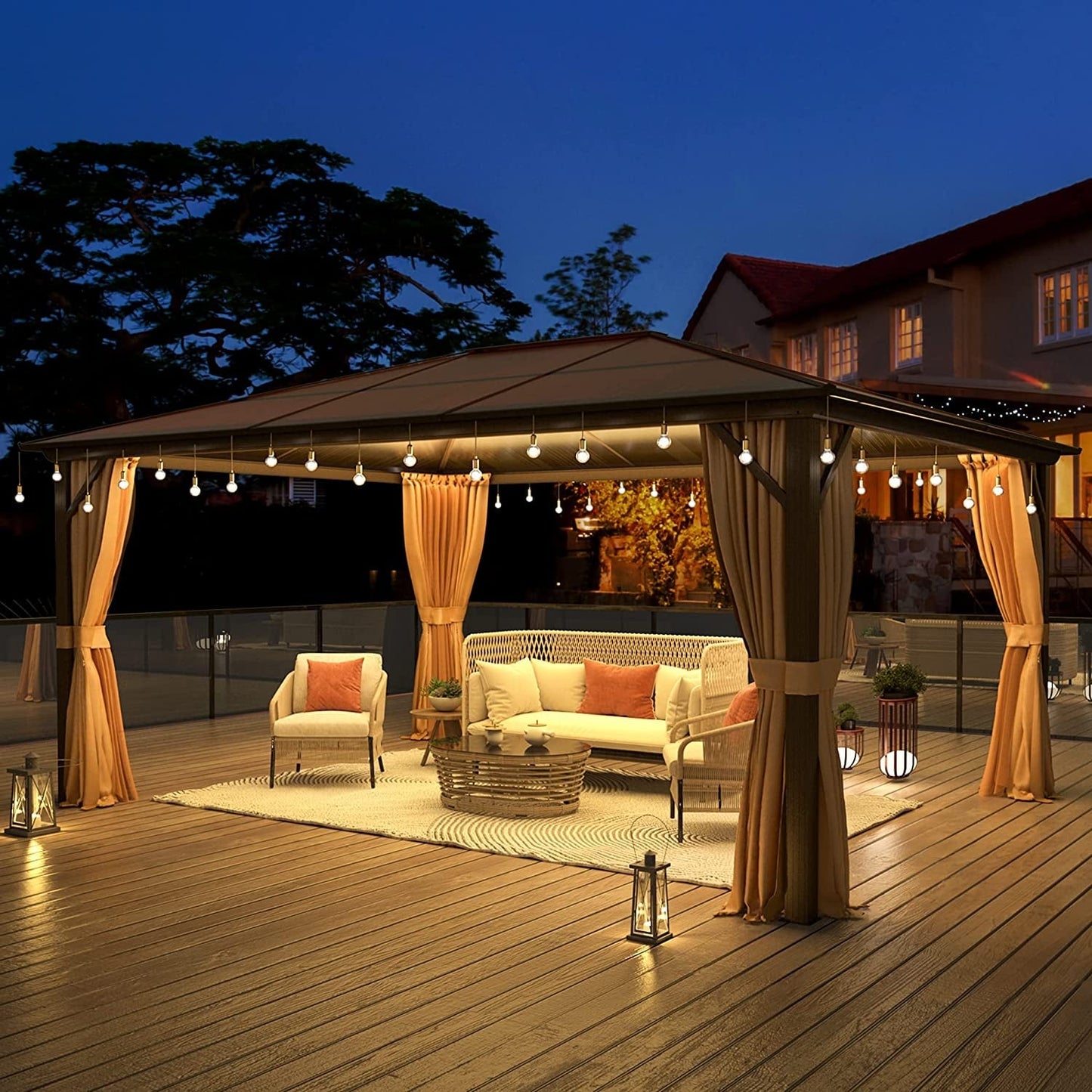 Gazebo rigido EROMMY, pergolato per esterni con doppio tetto, rete e tende, tettoia resistente per patio, cortile, feste in piscina