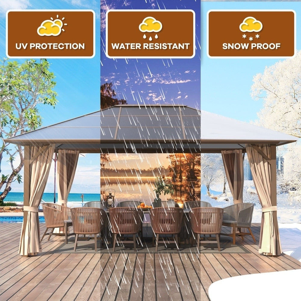 Gazebo rigido per giardino – Pergolato permanente con rete, tende e doppio tetto, riparo esterno per tutte le stagioni