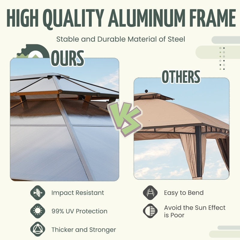 Gazebo rigido per giardino – Pergolato permanente con rete, tende e doppio tetto, riparo esterno per tutte le stagioni