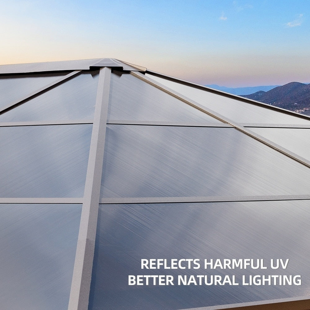 Gazebo rigido per giardino – Pergolato permanente con rete, tende e doppio tetto, riparo esterno per tutte le stagioni