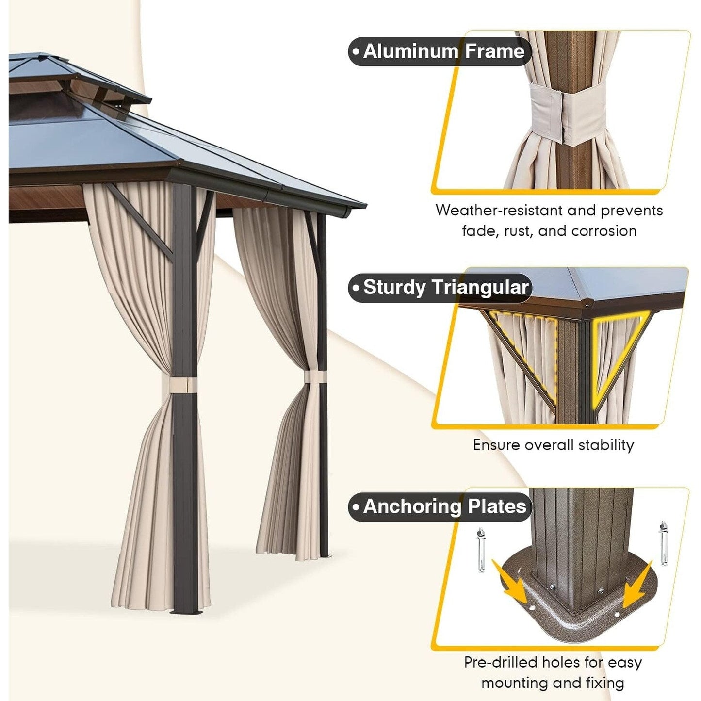 Gazebo rigido per giardino – Pergolato permanente con rete, tende e doppio tetto, riparo esterno per tutte le stagioni